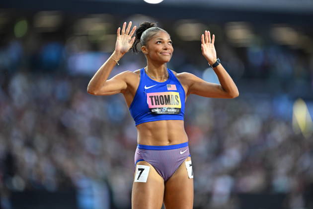 World Athletics Ultimate Championship - Budapest: Day Three BUDAPEST, HUNGARY - SEPTEMBER 13: Gabrielle Thomas of United States celebrates her victory after the Women s 200m Semi-Final during Day 3 of the World Athletics Ultimate Championship at National Athletics Centre in Budapest, Hungary on September 13, 2026. Mustafa Yalcin Anadolu Budapest Hungary. Editorial use only. Please get in touch for any other usage.  Copyright: x2026xAnadoluxMustafaxYalcinx