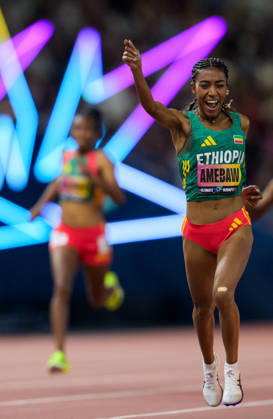 September 13, 2026: Likina Amebaw of Ethiopia celebrates winning the women’s 5,000-meter final during the 2026 World Athletics Ultimate Championship on September 13, 2026 in Budapest. Photo by Joel Marklund. BILDBYRAN code JM JM0852 bbeng track and field athletics friidrett 2026 World Athletics Ultimate Championship Budapest 26 women women s women celebration  Copyright: JOELxMARKLUND BB260913JM032