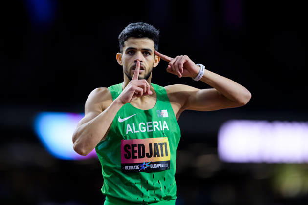 September 13, 2026: Djamel Sedjati of Algeria celebrates after winning the men s 800-meter final during the 2026 World Athletics Ultimate Championship on September 13, 2026 in Budapest. Photo: Joel Marklund. BILDBYRAN code: JM JM0852 bbeng track and field athletics friidrett 2026 World Athletics Ultimate Championship Budapest 26 celebration  Copyright: JOELxMARKLUND BB260913JM042