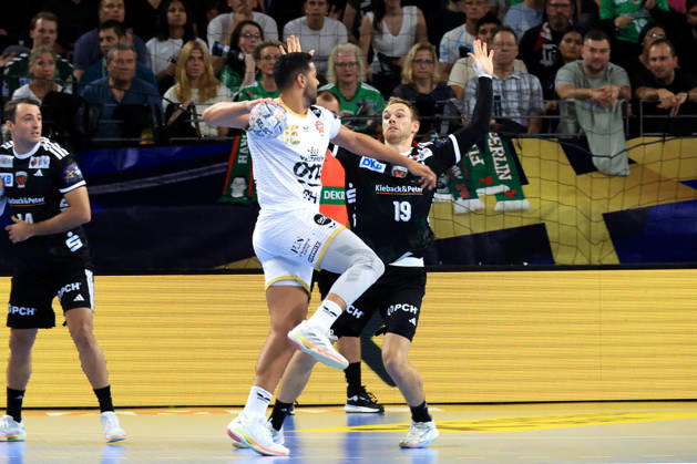 September 16, 2026, GER Germany, Handball, EHF Champions League, September 16, 2026, 2026–2027 season, Berlin, Fuechse Berlin vs. Veszprém HC, Mathias Gidsel (Fuechse Berlin) 19, , Ahmed Hesham (Veszprém) 15, nordphoto GmbH, Engler Berlin, Max Schmeling Hall, Berlin, Germany Copyright: xNordphotox xEnglerx