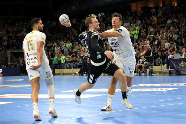 September 16, 2026, GER Germany, Handball, EHF Champions League, September 16, 2026, 2026–2027 season, Berlin, Füchse Berlin vs. Veszprém HC, Mathias Gidsel (Füchse Berlin) 19, Ahmed Hesham (Veszprém) 15, Thiagus Petrus (Veszprém) 2, nordphoto GmbH, Engler Berlin, Max-Schmeling-Halle, Berlin, Germany Copyright: xNordphotox xEnglerx