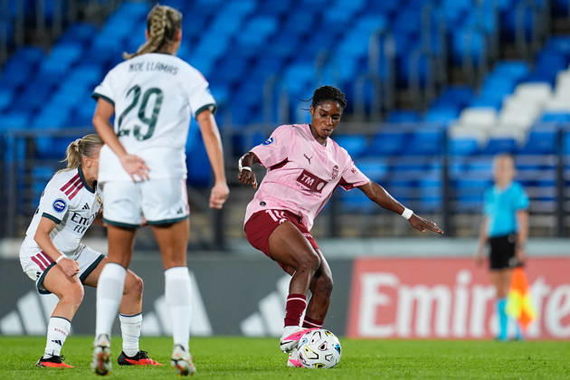 September 19, 2026, Valdebebas, Madrid, Spain: Amon Rebecca Grace Elloh of VCF Femenino drives the ball during the Spanish Women League, Liga F, football match between Real Madrid and Valencia CF at Alfredo Di Stefano stadium on September 19, 2026, in Valdebebas, Madrid, Spain. Real Madrid V Valencia CF - Liga F - ZUMAa181 20260919_zaa_a181_435 Copyright: xDennisxAgyemanx
