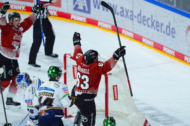 September 25, 2026, xydrx, Ice Hockey, Penny DEL, Kölner Haie vs. Eisbären Berlin, 2026–2027 season, Lanxess Arena Cologne: Celebrations after the 5–5 goal for the Kölner Haie scored by Patrick Russell, Kölner Haie, 63 Copyright: HMBxMedia YannisxDreimann