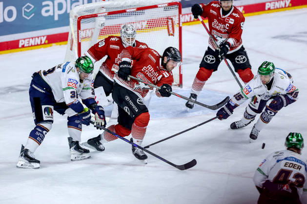 September 25, 2026, Ice Hockey, DEL, Kölner Haie vs. Eisbären Berlin, Matchday 3, 2026–27 Season, Lanxess Arena, Cologne: Brady Austin (Cologne Sharks) 57 defends against Yannick Veilleux (Berlin Eisbären) 38; Frederik Tiffels (Berlin Eisbären) 95; North Rhine-Westphalia, Germany