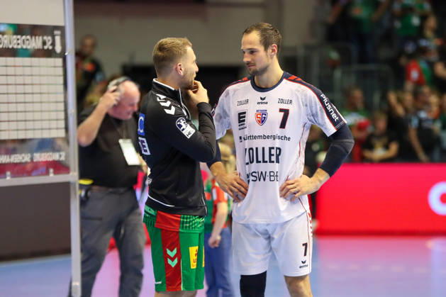 September 26, 2026, xgox, Handball Opel HBL SC Magdeburg vs. SG BBM Bietigheim emspor, from left: Lukas Mertens (Magdeburg), 22; Dominik Claus (Bietigheim), 7; Magdeburg