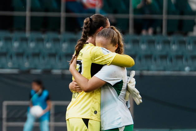 Germany, Soccer: 2026–2027 DFB Women s Cup, First Round: Borussia Mönchengladbach vs. FC Bayern Munich at Borussia Park—Emotions, Luisa Palmen (Borussia Mönchengladbach), 23, Mia Giesen (Borussia Mönchengladbach), 19, after the loss—Grief, Emotion, Defeat Copyright: xThiemoxRudolphx