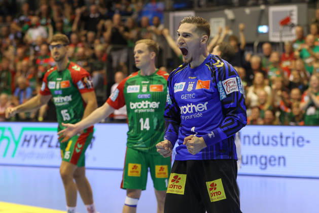 September 30, 2026, xgox, Opel HBL Handball, SC Magdeburg vs. THW Kiel, emspor, from left: Dominik Kuzmanovic (Magdeburg), celebrating a saved shot, blocked, saved, Magdeburg goalkeeper