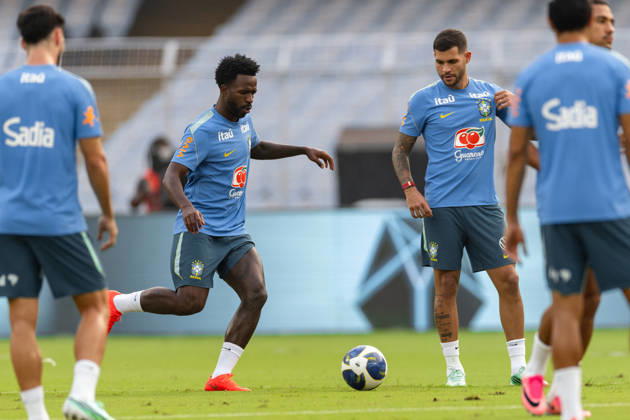 KOLKATA, INDIA - OCTOBER 2: Vinicius Junior of Brazil shoots the ball as Bruno Guimaraes of Brazil looks on during pre match trainning session a head of the India football friendly 2026 match between India and Brazil at the Vivekananda Yuba Bharati Krirangan (VYBK) Stadium in Kolkata, India on 2nd October, 2026 Copyright: xUnnatixNaidu SPPx Sportspressphoto_SPR243769