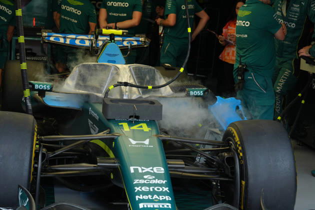 October 3, 2026, Sepang International Circuit, Kuala Lumpur, 2026 Formula 1 Gulf Air Bahrain Grand Prix. The cockpit of Fernando Alonso (ESP) of the Aston Martin Aramco Formula One Team is being cooled before practice. Photo by Hasan Bratic, DeFodi Images