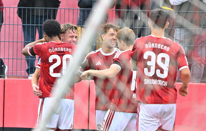 October 3, 2025 Soccer Season 2025–2026 Bavarian Regional League Matchday 12 1. FC Nürnberg II (FCN) vs. FC Augsburg 2 (FCA) MeZi xmexzix Goal celebration Cheering Joy after a goal Goal Shot on goal to 1–0 by Luca Horst 42, 1 FC Nuremberg FCN II