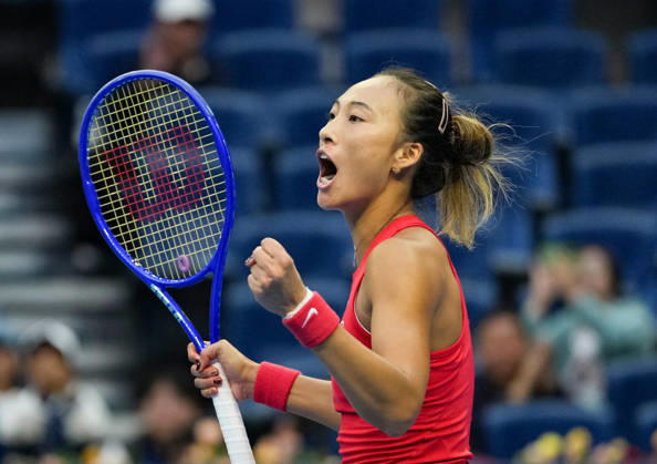 (261005) -- BEIJING, Oct. 5, 2026 -- Zheng Qinwen of China celebrates victory after winning the women s singles round of 32 match against Marie Bouzkova of the Czech Republic at 2026 China Open tennis tournament in Beijing, China, Oct. 5, 2026. ) (SP)CHINA-BEIJING-TENNIS-CHINA OPEN-WOMEN S SINGLES(CN) SunxFei