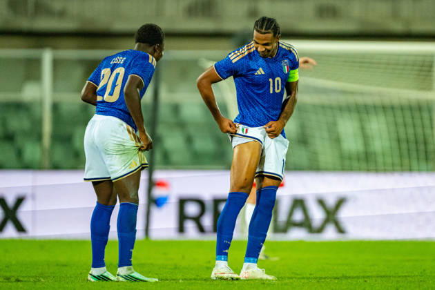 Cher Ndour and Alphadjo Cisse celebrating after scoring a goal seen during U21, U 21 U 21 U 21 U 21 2027 EURO Qualifying, EM, Europameisterschaft EM, Europameisterschaft EM, Europameisterschaft EM, Europameisterschaft game between national teams of Italy and Poland (Kazimierz Koper Ball Raw Images) Pescara Stadio Adriatico Italy Copyright: xKazimierzxKoperx KAZ_ITAvPOLu21-46