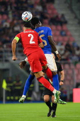 Zeki Celik of Turkiye and Issa Doumbia of Italy compete for the ball during the Nations League football match between Italy and Turkiye at Renato Dall Ara stadium in Bologna (Italy), October 5, 2026. AndreaxStaccioli