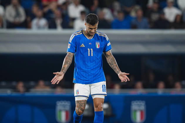 ItalyÕs Gianluca Scamacca reacts after missing a scoring chance during the UEFA Nations League 2026 27 match between Italy and Turkiye (Group A1 - Matchday 4) at Stadio Renato Dall Ara in Bologna, Italy - October 5, 2026. - Soccer  Copyright: xMassimoxPaolone LaPressex