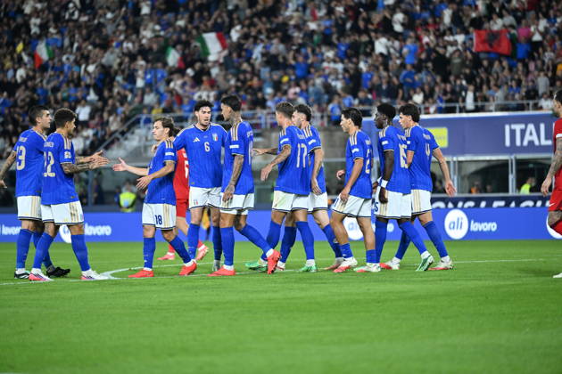 Italy v Turkiye - UEFA Nations League BOLOGNA, ITALY - OCTOBER 5: Gianluca Scamacca (11) of Italy celebrates with his teammates after a goal during the UEFA Nations League Group A1 match between Italy and Turkiye at Stadio Renato Dall Ara in Bologna, Italy on October 5, 2026. Mustafa Yalcin Anadolu Bologna Italy. Editorial use only. Please get in touch for any other usage.  Copyright: x2026xAnadoluxMustafaxYalcinx