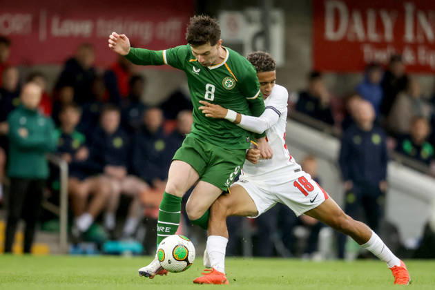 2027 UEFA Under 21 European Qualifier, Munster FA Turner s Cross, Cork 6 10 2026 Republic of Ireland vs England Ireland s Jamie Mullins is tackled by England s Josh King Jamie Mullins is tackled by Josh King 6 10 2026  Copyright: xx AC019899