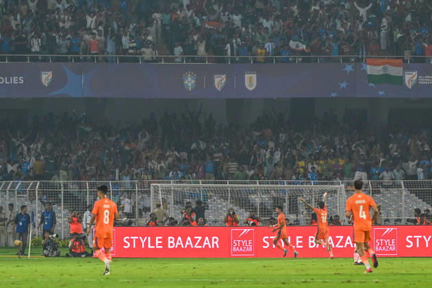 KOLKATA, INDIA - OCTOBER 6: Anirudh Thapa of India celebrates the goal against Uruguay during FIFA International Friendly, Länderspiel, Nationalmannschaft match at Vivekananda Yuva Bharati Stadium on October 6, 2026 in Kolkata, India. (Photo by Samir Jana Hindustan Times) India Vs Uruguay FIFA International Friendly Match At Salt Lake Stadium Kolkata