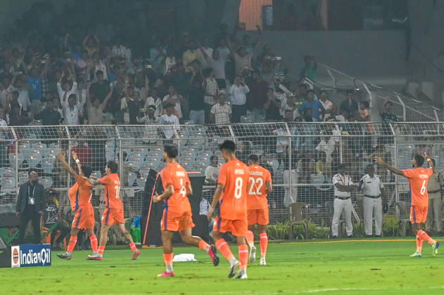 KOLKATA, INDIA - OCTOBER 6: Anirudh Thapa of India celebrates the goal against Uruguay during FIFA International Friendly, Länderspiel, Nationalmannschaft match at Vivekananda Yuva Bharati Stadium on October 6, 2026 in Kolkata, India. (Photo by Samir Jana Hindustan Times) India Vs Uruguay FIFA International Friendly Match At Salt Lake Stadium Kolkata