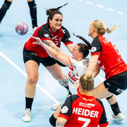 October 7, 2026, GER, Handball, Women, 2026–2027 Season, Alsco 1 Bl, Matchday 5, Thüringer HC vs. HSG Blomberg Lippe, Marcela Arounian, Thüringer HC, 36, Diana Doegg Magnusdottir, HSG Blomberg Lippe, Alfa Bra Oddsdottir Hagalin, Thüringer HC, 6, 99947 Bad Langensalza, Salza, Halle, Mehrz Sports Hall, Thuringia, Germany
