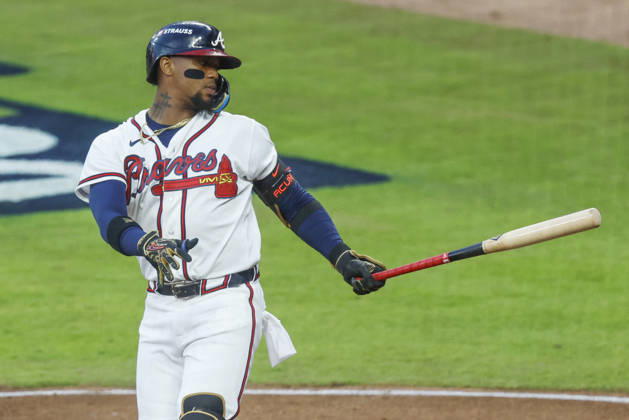 Atlanta Braves Ronald Acuna Jr. (13) strikes out swinging against the Los Angeles Dodgers in the third inning in an MLB, Baseball Herren, USA National League Division Series playoff game at Truist Park in Atlanta, Georgia, on Wednesday, October 7, 2026.  ATL20261007706 MIKExZARRILLI