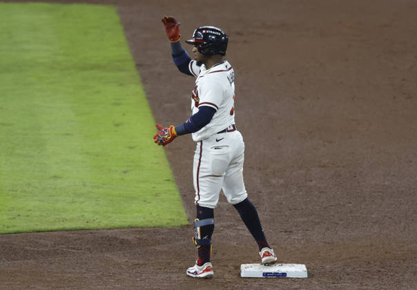 Atlanta Braves Ozzie Albies (1) stands on second base after hitting a double against the Los Angeles Dodgers in the sixth inning in an MLB, Baseball Herren, USA National League Division Series playoff game at Truist Park in Atlanta, Georgia, on Wednesday, October 7, 2026.  ATL20261007719 MIKExZARRILLI