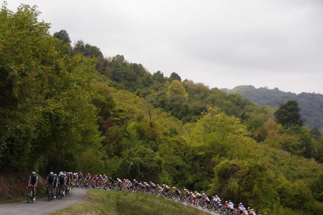 The pack rides during the 110th edition of the Gran Piemonte 2026 a 185 km one day race from Asti to Bra on October 08, 2026, Italy. Copyright: xFabioxFerrari LaPressex