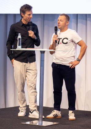 ALPINE SKIING - Atomic Media Day 2026 ALTENMARKT,AUSTRIA,08.OCT.26 - ALPINE SKIING - Atomic Media Day. Image shows presenter Christian Brugger and Juergen Graller (Atomic).  GEPAxpictures xHaraldxSteiner