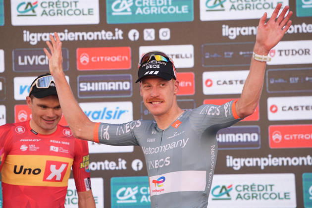 France s Dorian Godon of Netcompany INEOS winner of the race on the podium after the 110th edition of the Gran Piemonte 2026 a 185 km one day race from Asti to Bra on October 08, 2026, Italy.  Copyright: xMarcoxAlpozzi LaPressex