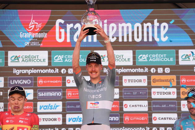 France s Dorian Godon of Netcompany INEOS winner of the race on the podium after the 110th edition of the Gran Piemonte 2026 a 185 km one day race from Asti to Bra on October 08, 2026, Italy.  Copyright: xMarcoxAlpozzi LaPressex