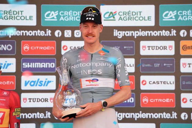 France s Dorian Godon of Netcompany INEOS winner of the race on the podium after the 110th edition of the Gran Piemonte 2026 a 185 km one day race from Asti to Bra on October 08, 2026, Italy.  Copyright: xMarcoxAlpozzi LaPressex
