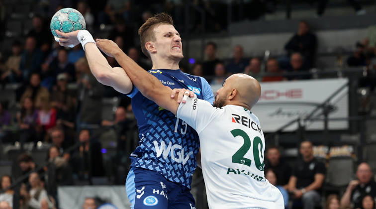 October 8, 2026, Stuttgart, Germany: Handball – TVB Stuttgart vs. HSG Wetzlar; from left: Simone Mengon (TVB), David Cyrill Akakpo (Wetzlar)