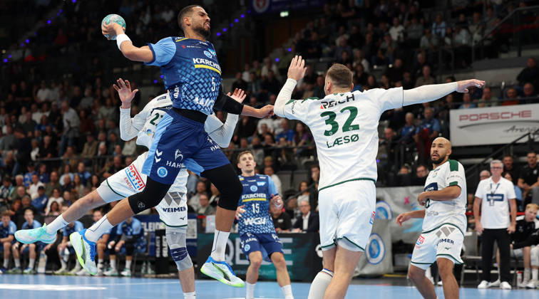 October 8, 2026, Stuttgart, Germany: TVB Stuttgart vs. HSG Wetzlar handball game; from left: Philipp Ahouansou (TVB), Nikolaj Laeso (Wetzlar)