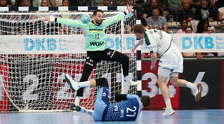 October 8, 2026, Stuttgart, Germany: TVB Stuttgart vs. HSG Wetzlar handball game; from left: Mohamed Essam Moustafa El Tayar (TVB), Dominik Mappes (Wetzlar); right