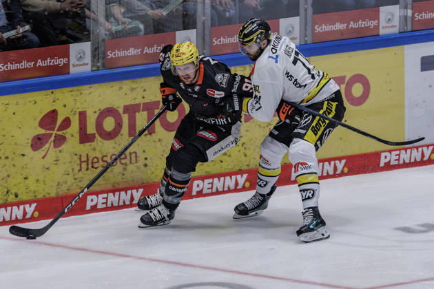 PEnny DEL Frankfurt Lions vs. Krefeld Penguins, October 8, 2026: Austin Wagner of the Löwen Frankfurt (91) and Mick Köhler of the Krefeld Pinguine (77) battle for the puck; Löwen Frankfurt vs. Krefeld Pinguine, Frankfurt, NIX Ice Arena, October 8, 2026 Copyright: xBEAUTIFULxSPORTS Gawlikx