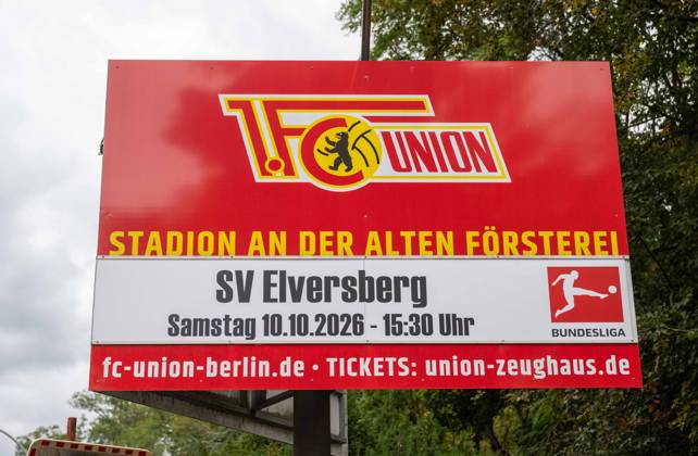 Soccer, Men s, 2026–2027 Season, Bundesliga 1, 1. FC Union Berlin, scoreboard displaying the matchup between 1. FC Union and SV Elversberg in front of the club office, Copyright: xMatthiasxKochx