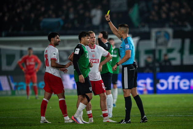 October 9, 2026, 3rd Division, Matchday 8, SC Preußen Münster vs. Rot-Weiss Essen at the LVM Preußenstadion. Yellow card for goal scorer Montell Ndikom (Münster). IMPORTANT NOTICE: In accordance with DFB and DFL regulations, it is prohibited to use or allow the use of photographs taken in the stadium and or during the game in the form of sequential images and or video-like photo series Copyright: xJordyxFourgonx