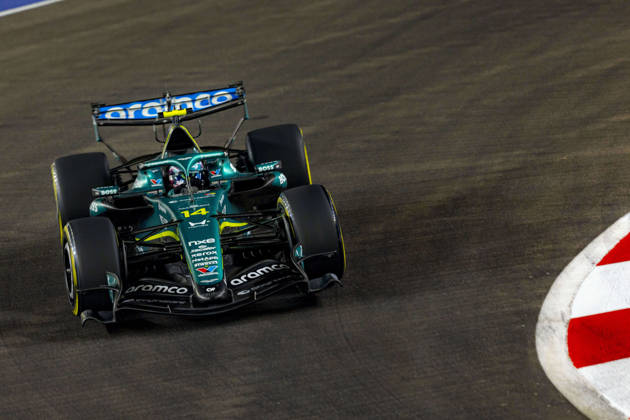 RECORD DATE NOT STATED 9th October 2026; Marina Bay, Singapore; Formula 1, Singapore Grand Prix, Free Practice and Sprint Qualifying Day; Fernando Alonso (14) of Spain and Aston Martin Aramco Formula One Team during qualifying StephenxBlackberry