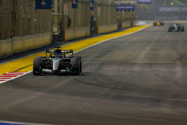 RECORD DATE NOT STATED 9th October 2026; Marina Bay, Singapore; Formula 1, Singapore Grand Prix, Free Practice and Sprint Qualifying Day; George Russell (63) of Great Britain and Mercedes-AMG PETRONAS Formula One Team during qualifying StephenxBlackberry