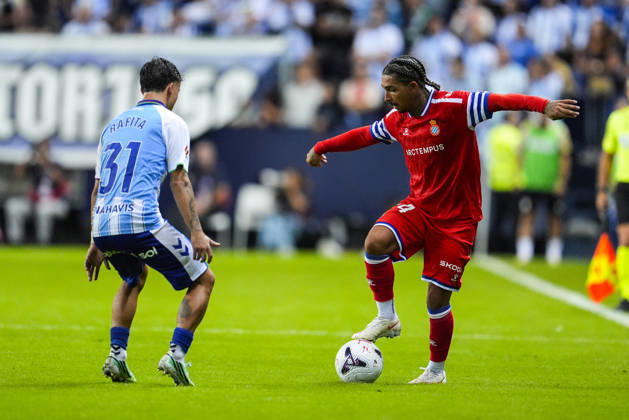 October 9, 2026, Malaga, Malaga, Spain: Tyrhys Dolan of RCD Espanyol and Rafita Garrido of Malaga CF in action during the Spanish league, LaLiga EA Sports, football match played between Malaga CF and RCD Espanyol at La Rosaleda stadium on October 9, 2026, in Malaga, Spain. Malaga CF V RCD Espanyol - LaLiga EA Sports  - ZUMAa181 20261009_zaa_a181_362 Copyright: xJoaquinxCorcherox