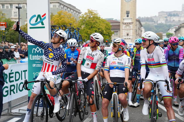 Italy s Simone Gualdi of Lotto IntermarchÃ , Mexico s Isaac Del Toro Romero of UAE Team Emirates XRG, Belgium s Remco Evenepoel of Red Bull - Bora - Hansgrohe and USA s Brandon McNulty of UAE Team Emirates XRG during the 120th edition of the Il Lombardia, Tour of Lombardy cycling race, a 239 km one day race from Bergamo to Como on October 10, 2026, Italy.  Copyright: xGianxMattiaxD™Alberto LaPressex