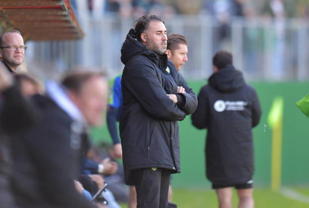 October 10, 2026, GER, Soccer, Regionalliga West, 2026–2027 Season, Matchday 12, Ohlendorf Stadium in Heidewald, Gütersloh FC vs. SF Siegen 0–5, Julian Hesse, FC Gütersloh Coach, Action, Single Frame, Landscape, Facial Expressions, Gestures, Coach