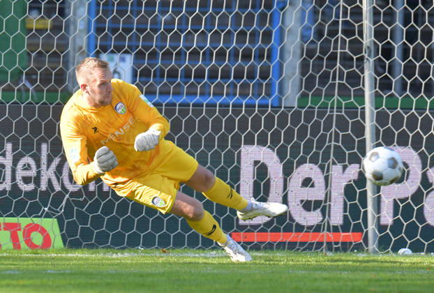 October 10, 2026, GER, Soccer, Regionalliga West, 2026–2027 Season, Matchday 12, Ohlendorf Stadium in Heidewald, Gütersloh FC vs. SF Siegen 0–5 Jarno Peters of FC Gütersloh saves a penalty kick, action, still image, horizontal, goalkeeper, keeper, save