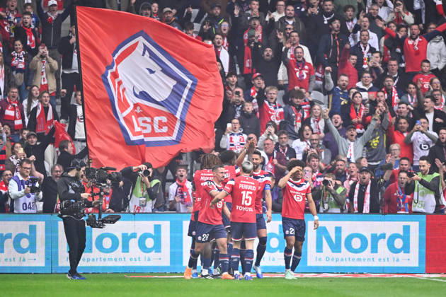 LOSC Lille v Le Havre Athletic Club - Ligue 1 McDonald s 2026 2027 Loun SRDANOVIC of Lille, Aissa Mandi of Lille, Romain PERRAUD of Lille, Olivier GIROUD of Lille and Dilane BAKWA of Lille celebrate after scores during Ligue 1 McDonald s match between Lille and Le Havre at Stade Pierre-Mauroy on October 10, 2026 in Lille, France. Lille France  Copyright: xKevinxClementx 776573340