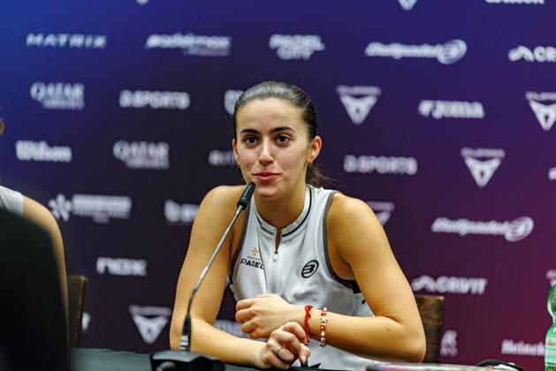 DÜSSELDORF, GERMANY - 10 OCTOBER 2026: Image shows press conference, PK, Pressekonferenz with Claudia Fernandez Sanchez (ESP) during CUPRA Germany Premier Padel P2 2026 Day 7: Semifinals at CASTELLO Düsseldorf on 10 10 2026 in Düsseldorf, Germany. Germany Copyright: xFröhlichxPascalx