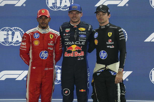 FORMULA 1 SINGAPORE AIRLINES SINGAPORE GRAND PRIX 2026 Max Verstappen (NED) 3 Red Bull Racing, Charles Leclerc (MON) 16 Ferrari and Lewis Hamilton (GBR) 44 Ferrari in parc ferme after qualifying during the Formula 1 Singapore Airlines Singapore Grand Prix 2026, Round 17 of the 2026 Formula 1 World Championship, WM, Weltmeisterschaft from 9th - 11th October 2026 at the Marina Bay Street Circuit, Singapore. Credit: Robbie Hoad Every Second Media Editorial use only. All images are copyright Every Second Media Limited. No images may be reproduced without prior permission. Copyright: xIMAGO EveryxSecondxMediax ESM-2203-0563 RobbiexHoadx xEveryxSecondxMediax