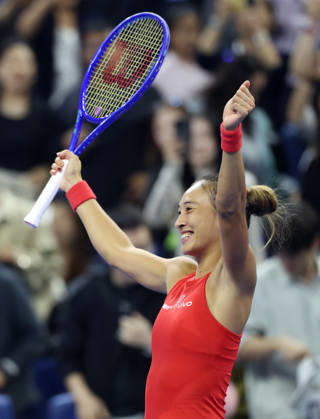 (261010) -- BEIJING, Oct. 10, 2026 -- Zheng Qinwen celebrates after the women s singles semifinal between Zheng Qinwen of China and Elise Mertens of Belgium at 2026 China Open tennis tournament in Beijing, China, Oct. 10, 2026. ) (SP)CHINA-BEIJING-TENNIS-CHINA OPEN-WOMEN S SINGLES-SEMIFINAL (CN) ZhangxChenlin 