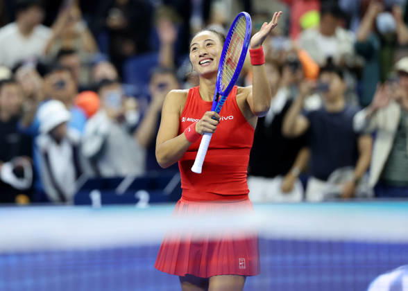 (261010) -- BEIJING, Oct. 10, 2026 -- Zheng Qinwen celebrates after the women s singles semifinal between Zheng Qinwen of China and Elise Mertens of Belgium at 2026 China Open tennis tournament in Beijing, China, Oct. 10, 2026. ) (SP)CHINA-BEIJING-TENNIS-CHINA OPEN-WOMEN S SINGLES-SEMIFINAL (CN) ZhangxChenlin 