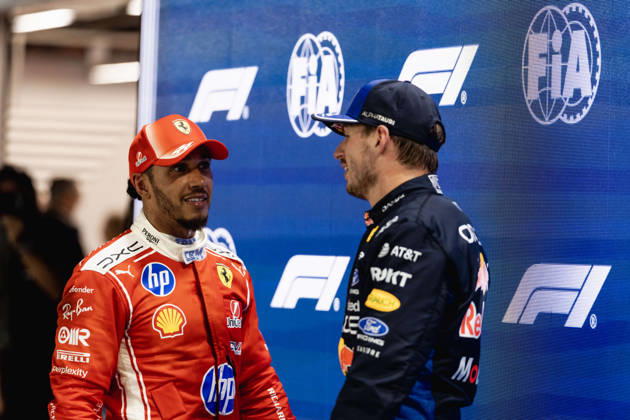 SINGAPORE, SINGAPORE - OCTOBER 10: Lewis Hamilton of Great Britain and Scuderia Ferrari HP and Max Verstappen of the Netherlands and Oracle Red Bull Racing at Parc Ferme after qualifying for F1 Grand Prix race of Singapore at Marina Bay Street Circuit on October 10, 2026 in Singapore, Singapore. (Photo by Qian Jun SPP-Paddocker) Copyright: xQianxJun SPP-Paddockerx Sportspressphoto_SPR251272