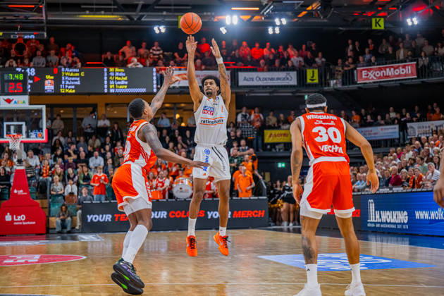 1st Basketball Bundesliga, easyCredit BBL, 2026–2027 Season, Men s Division, Regular Season, Matchday 5, October 10, 2026, RASTA Vechta, ratiopharm Ulm, Ibi Watson 2, ratiopharm Ulm taking a jump shot at the RASTA Dome in Vechta, Lower Saxony, Germany