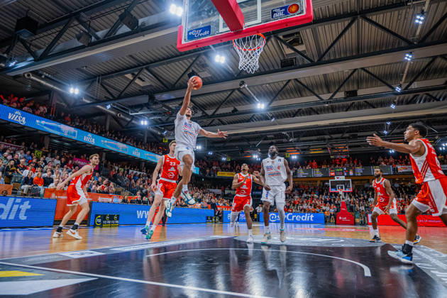 1 Basketball Bundesliga, easyCredit BBL, 2026–2027 Season, Men s Division, Regular Season, Matchday 5, October 10, 2026, RASTA Vechta vs. ratiopharm Ulm; Teo Milicic 4; ratiopharm Ulm on a layup; Vechta RASTA Dome, Lower Saxony, Germany